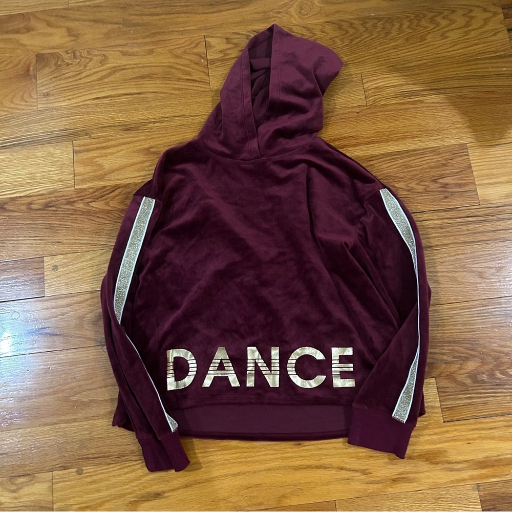 Justice Active size 18/20 Burgundy Dance Hoodie gold Accents velvet cute crop